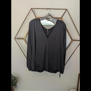 Free People Black Wrap Surplice Long Sleeve Blouse, size L